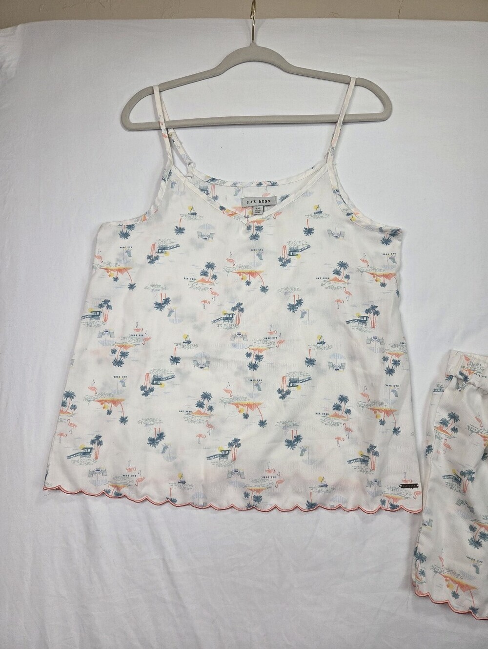 Rae Dunn Beach Print Pajama Set Large Cami Shorts Scalloped Trim Sleepwear - Picture 7 of 14